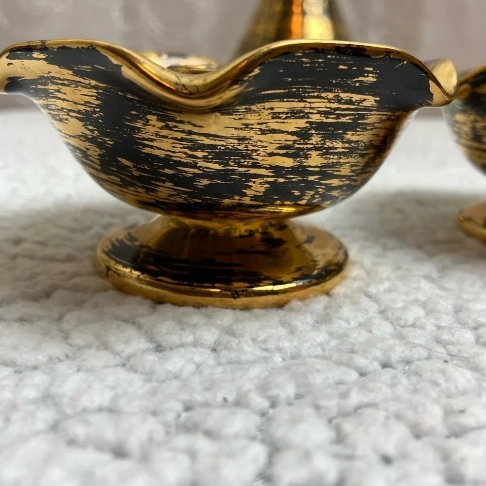 Vintage Stangl 22k Black Gold Vase/2 Candle Holders